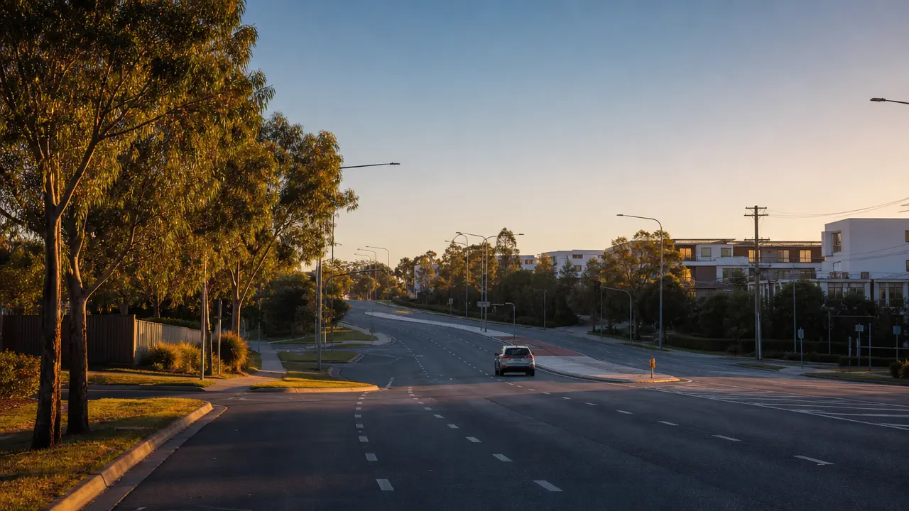 A Queensland road at sunrise with a car travelling through a Brisbane suburban intersection